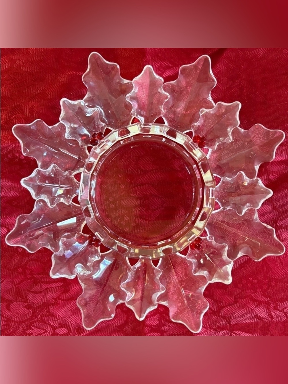 Vintage Crystal Partylite Candle Holder-Clear Poinsettia Leaves with Red Berries